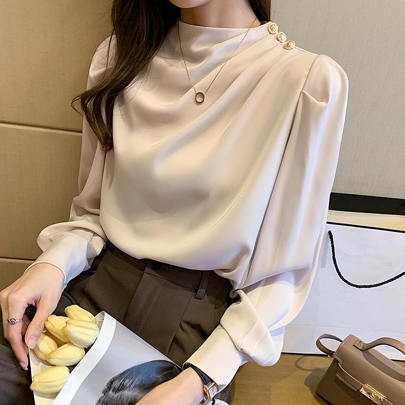 Fashion Autumn Long Sleeve Stand Collar Satin Blouse Shirt Women Tops J296