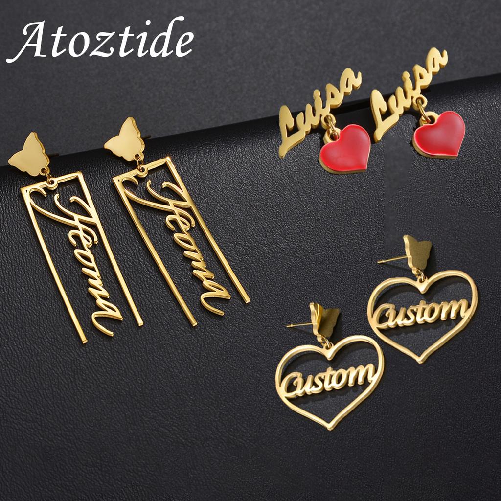 Atoztide Personalizované náušnice pecky s vlastním jménem pro ženy Nerezová ocel Jmenovka Motýlek Srdce Písmeno Narozeninový šperk Dárek