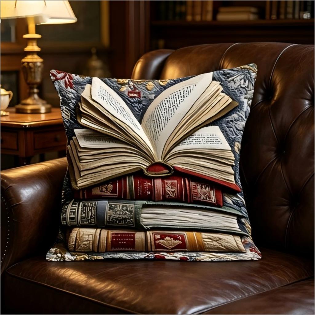 Double Sided Vintage Stacked Books Throw Pillow Cover 2D Effect Print Decorative Cushion Cover For Home Decor