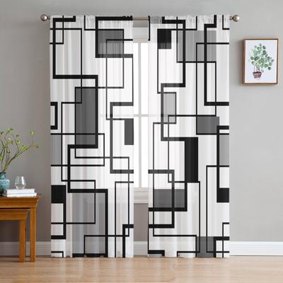 Abstract Geometry Square Modern Art Black Grey Sheer Curtains for Living Room Decor Window Curtains Kitchen Tulle Voile Curtains