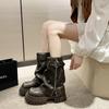 Fashion 2025 Platform Shoes Women's Belt Buckle Chunky Heel Boot High Quality Round Toe Mid-Calf Fashion Modern Zip Side Zipper Shoes