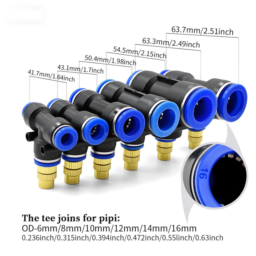Brass Misting Nozzle with Tee Adapter Adjustable Atomizer Sprayer Outdoor Garden Irrigation Watering 6/8/10/12/14/16mm PE Tubing