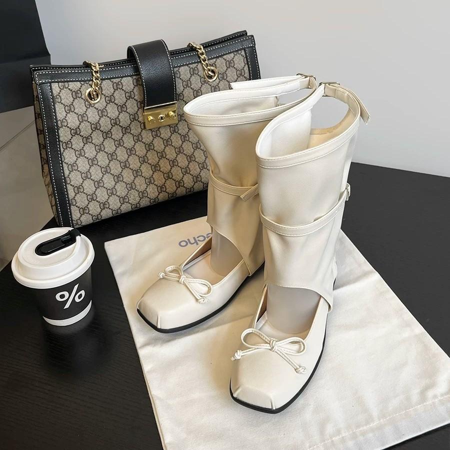 Ballet Style Square Head Cool Boots Women'S Thick Heel Thick Bottom Hollow Bow Niche Design Fashionable Short Boots