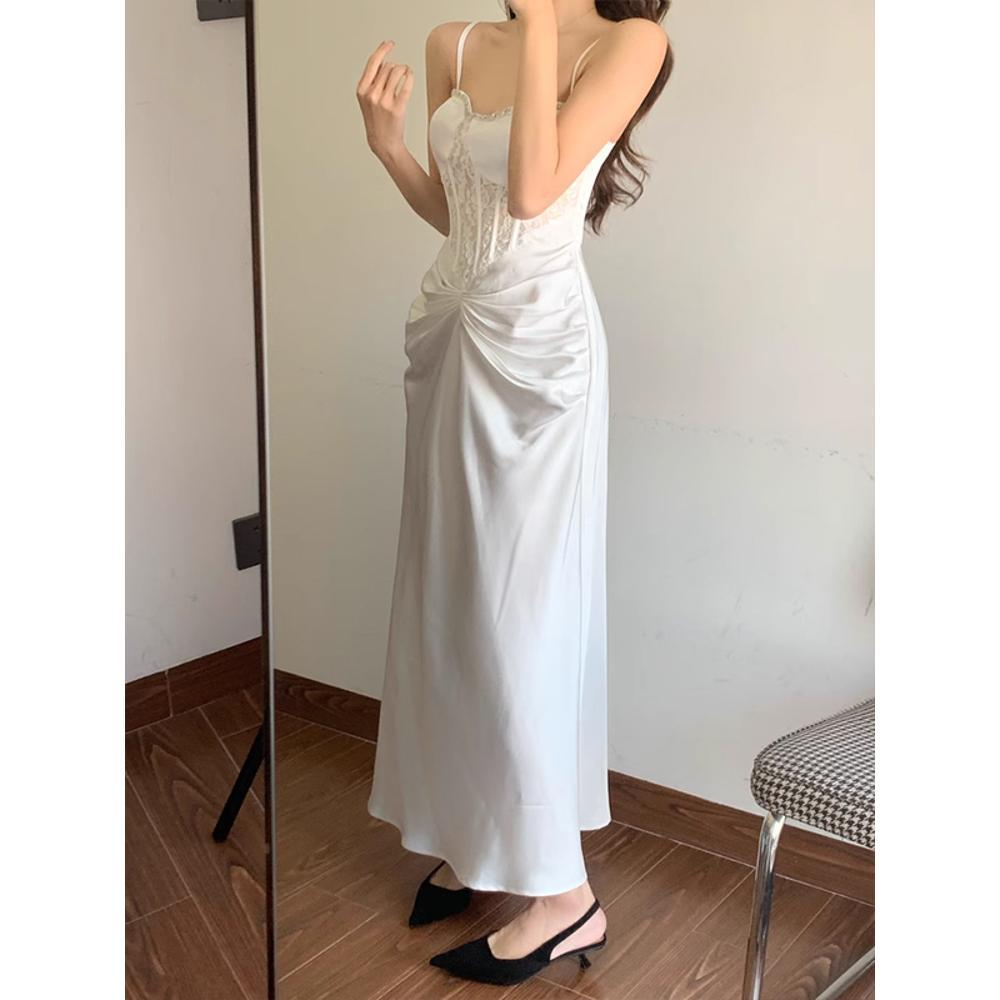 Girls versatile white fish bone suspender dress women's leisure new niche temperament waist dress long dress