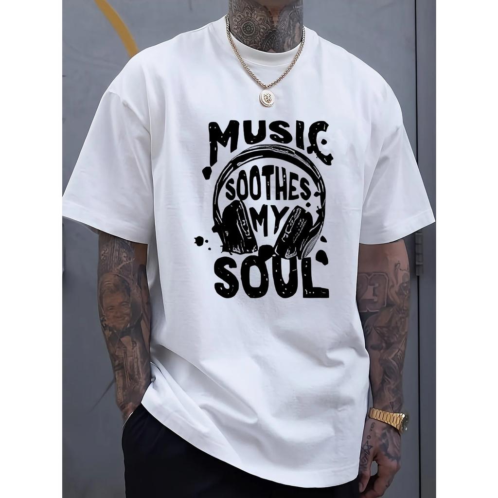 Mens Summer 100 Cotton Fashionable Casual Music Soothing My Soul Pattern Printed Sports Round Neck Short Sleeve Tsh