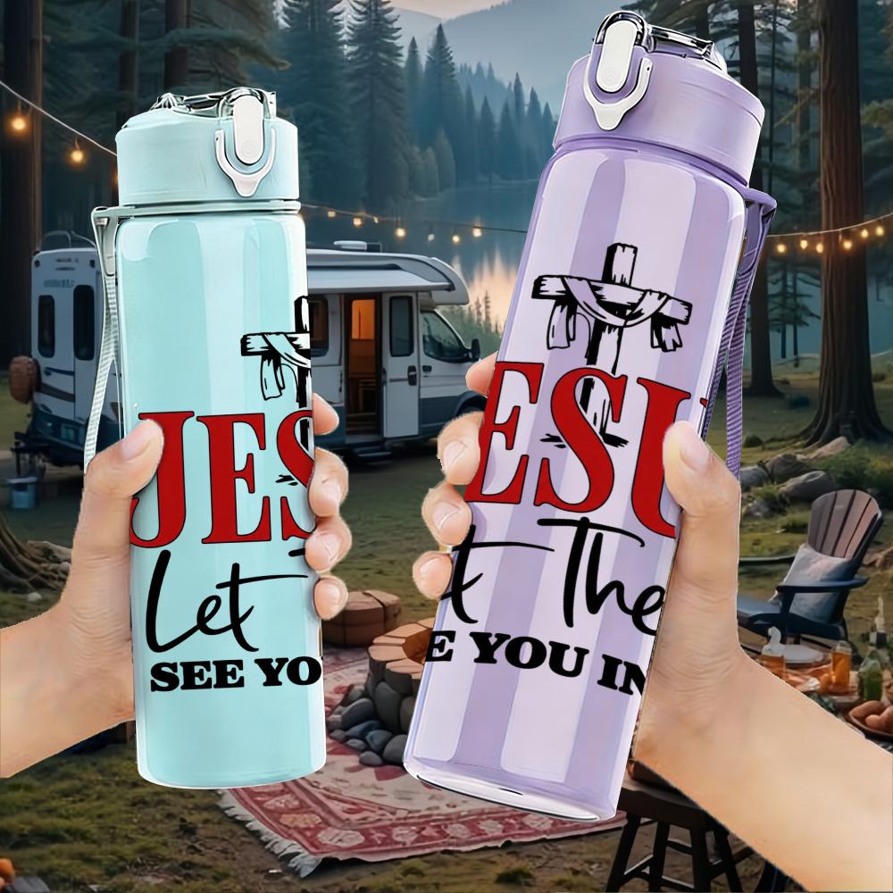 1PC Jesus Let Them In Cross Letter 750ml Color Plastic Sports Water Bottle Leakproof Flip Straw Lid Suitable for Sports Office Home Use