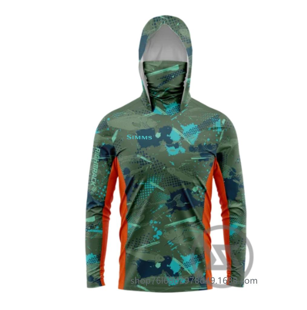 SIMMS Mimetico Tuta da Pesca Uomo Luya Tuta Parasole Estiva Felpa con Cappuccio a Manica Lunga Indossare Maschera Asciugatura Rapida Traspirante