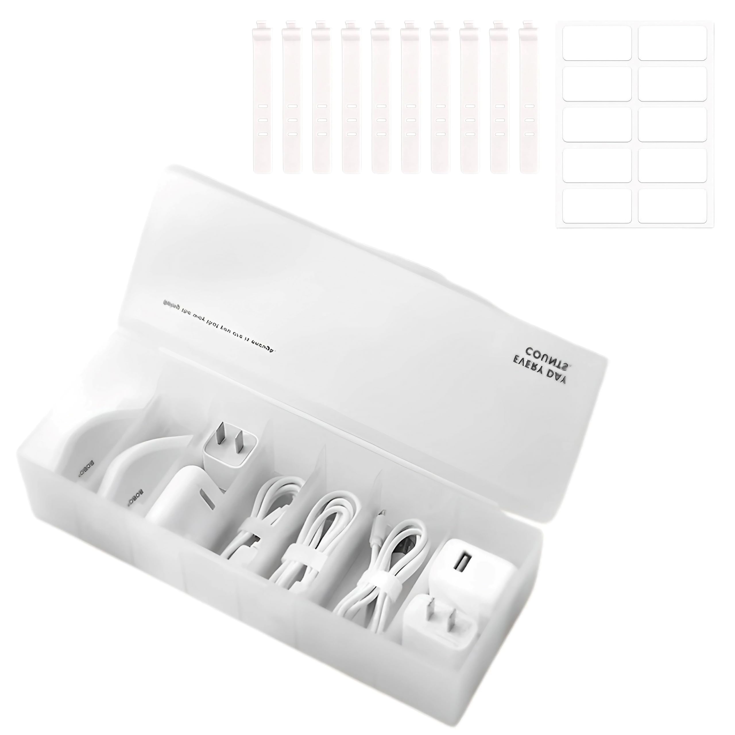 

East Leaf Cable Storage Box, Cord Storage Box for USB Charging Cables, Wiring Organizer with Straps, White