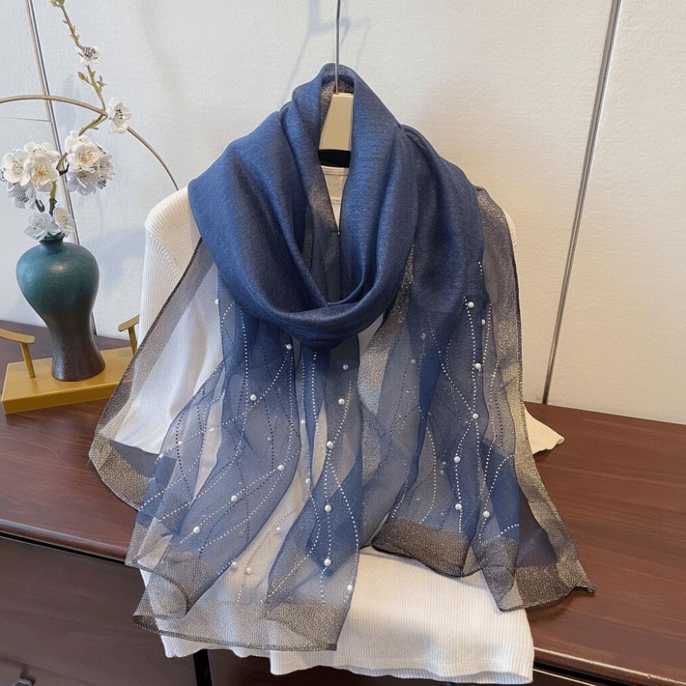 Elagant Shimmer Pearls Striped Hijab Scarf Soft Long Sunscreen Shawl Plain Solid Breathable Foulard Hijab