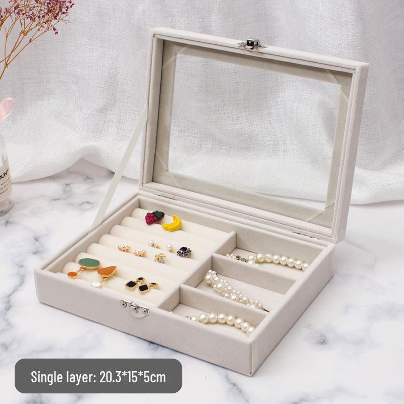 Pink Flocked Portable Jewelry Box with Lid - 316-Grit Dustproof Glass Ring & Earring Display