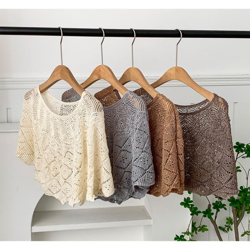 Ladies Knitted Ice Silk Shawl Summer Lightweight Hollow Out Design Fashionable Sequin Shoulder Cover Head Over Shoulder Wrap