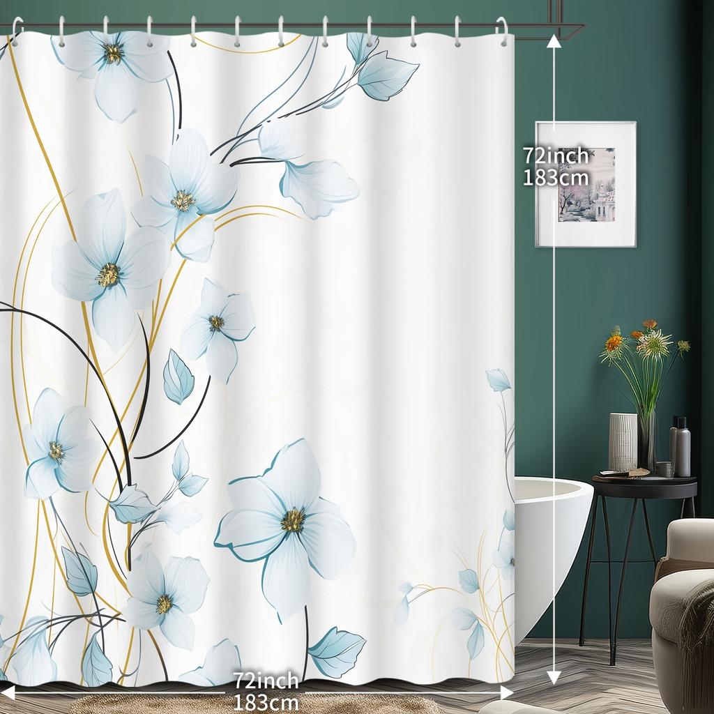 Floral Print Shower Curtain - Blue & White Flower Design, Polyester Fabric with Grommet Top,  Bathroom, Hotel, Apartment Decor