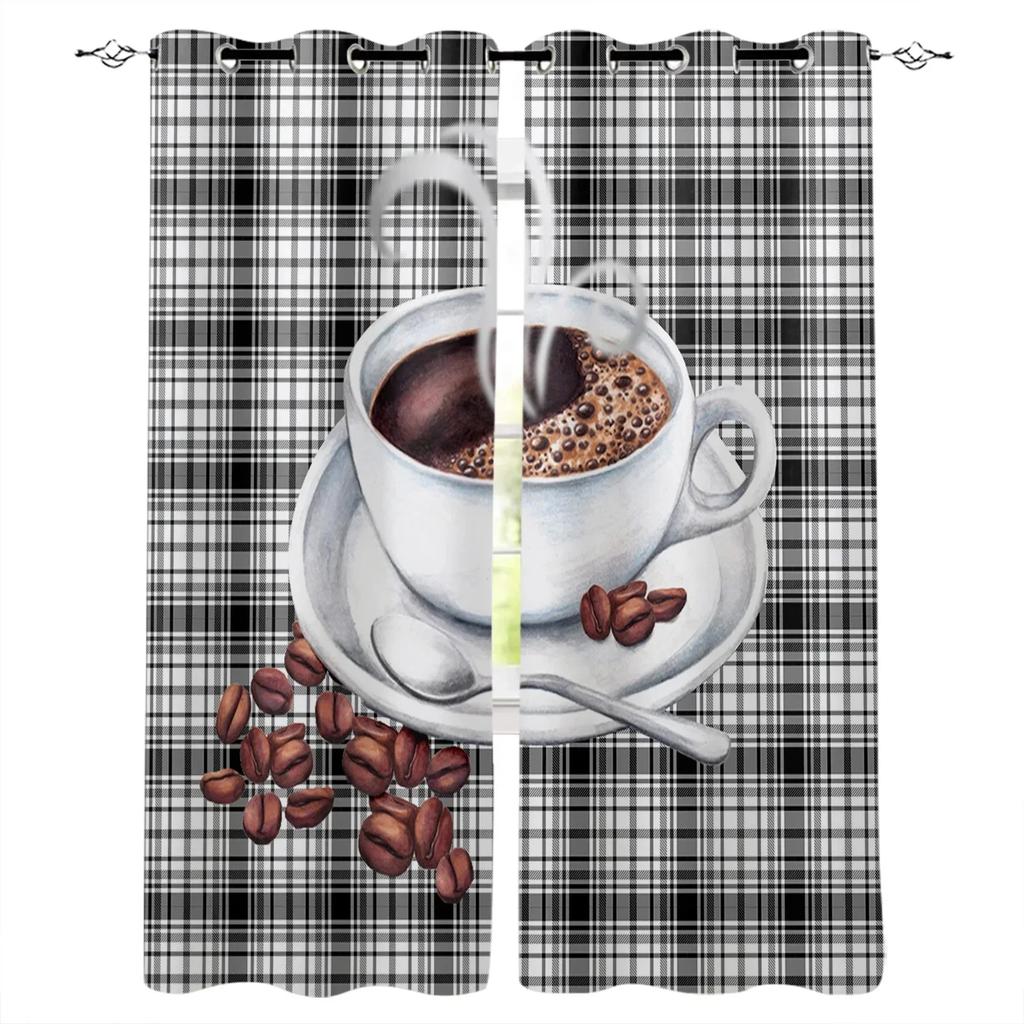 2panels Coffee Text Graffiti Black Background KitchenWindow Curtain for Living Room Bedroom Home Decor Kitchen for Window Drapes for daily use