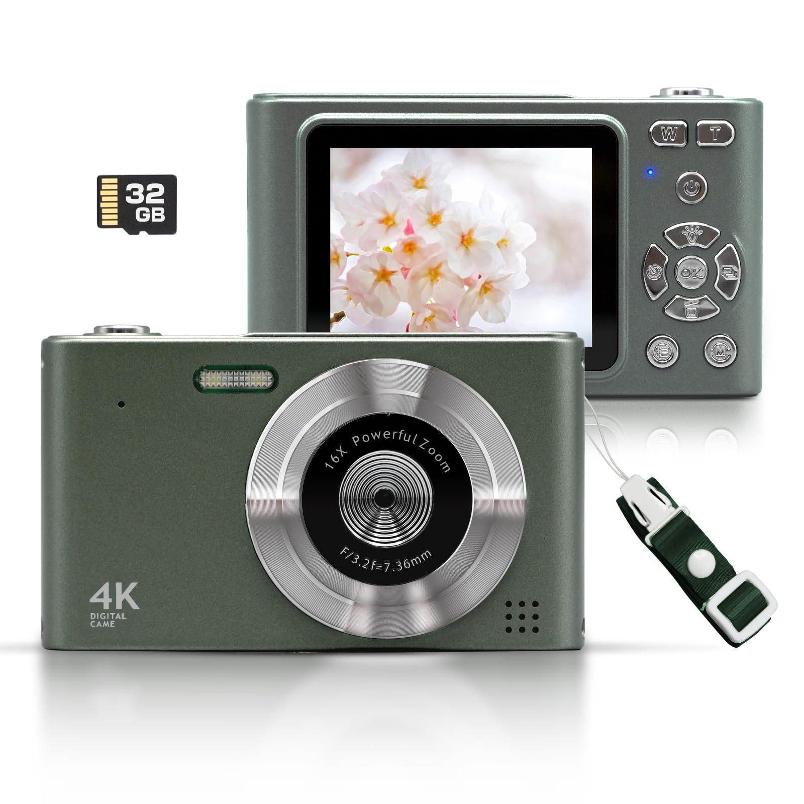 

Цифрова камера 4K 48 МП Цифрова камера 16x Зум Стабілізація зображення РК-дисплей Шкільна поїздка Легка Емоційна Ретро Фото Відео Зображення Відео Діти зелений