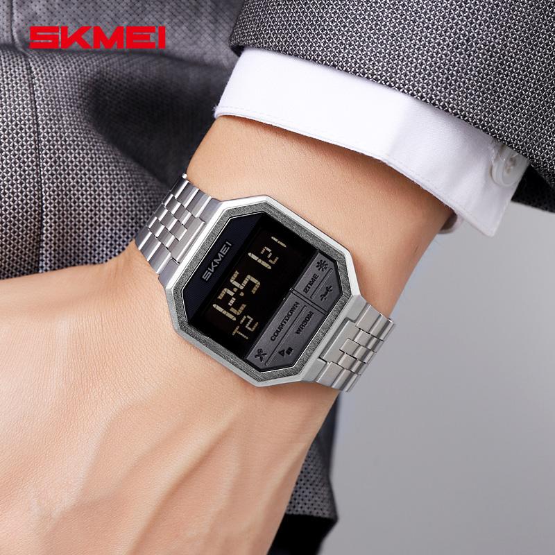 SKMEI 2350 Small Square Men's Electronic Watch Multifunction Business Style Steel Strap Waterproof Male Digital Wristwatch