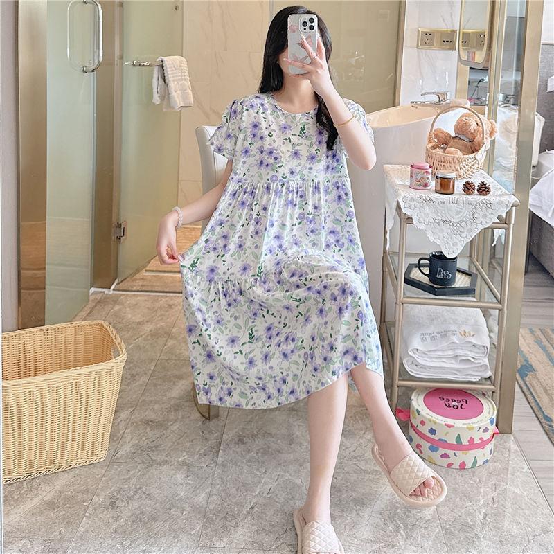 Cotton and Silk Nightgown Women's Summer Short-sleeved Large-size High-end Printed Maternity Pajamas Can Be Worn Outside Long Loungewear
