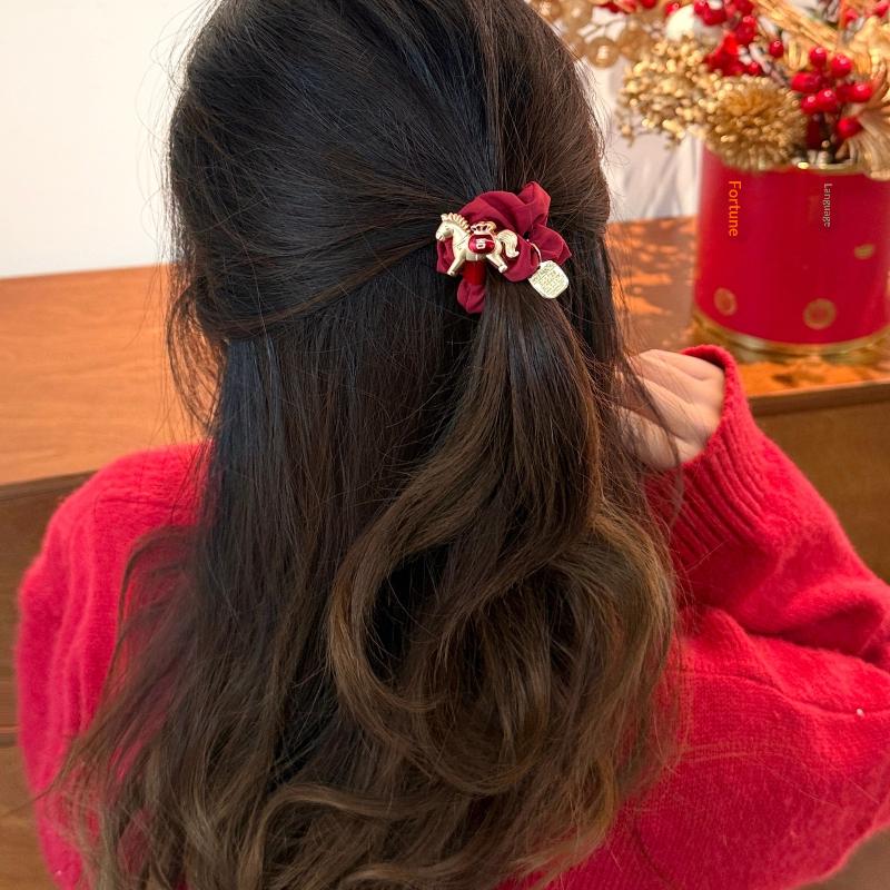 Cartoon Pony Hair Ring  Year Festive Red Hair Band Tie Horse Tail High Elastic Year Of The Horse Hair Ornament Accessories