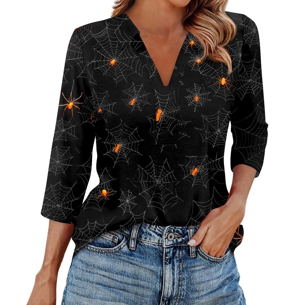 Women's Fashion Casual Lapel 3/4 Sleeve Halloween Print Shirt Women's V-Neck Tops