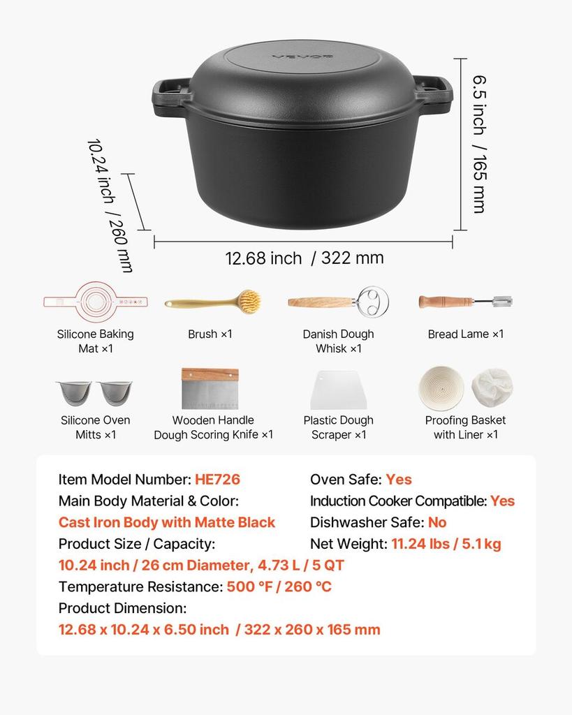 Cast Iron Dutch Oven, 2-in-1 Pre-Seasoned Pot with Skillet Lid, 4.7L Cookware Pan with Proofing Basket, Bread Baking Accessories, Bread-Oven