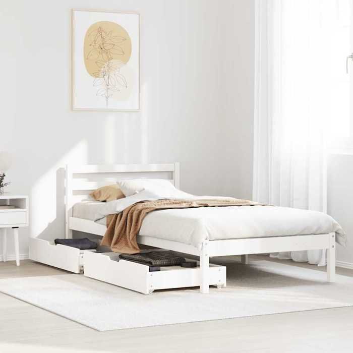 VidaXL Bed Frame with Drawers White 75x190 Cm Solid Pine Wood, Slatted Base, Single Bed Frame, Wooden Bed Frame 3301525