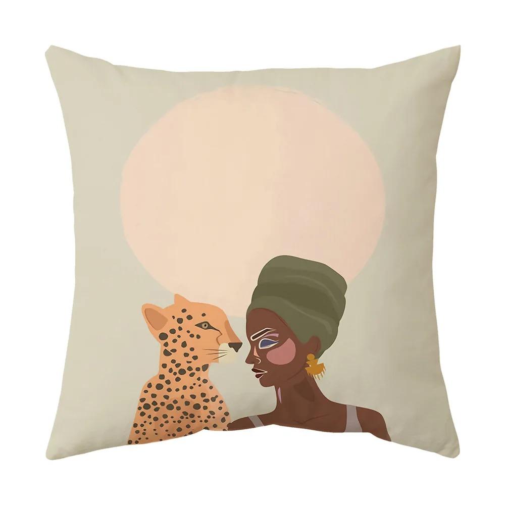 African Women  Tropical Plant Pattern Cushions Pattern Cushion Cover Suitable For Sofa Bedroom Car Pillow Cover