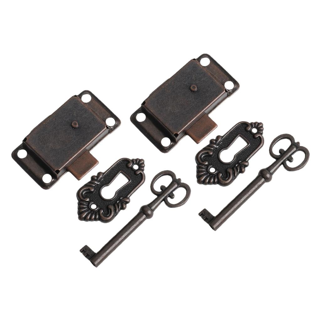 2 PCS Vintage Cabinet Door Lock Set Key Wooden Jewelry Box Lock Decorative Cover Antique-Bronze Lock Furniture Hardware