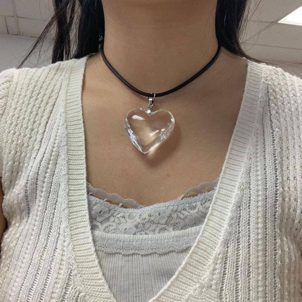 Creative Simple Transparent Heart-shaped Pendant Black Wax Thread Necklace for Women Men Friend Personality Trendy Jewelry Gifts