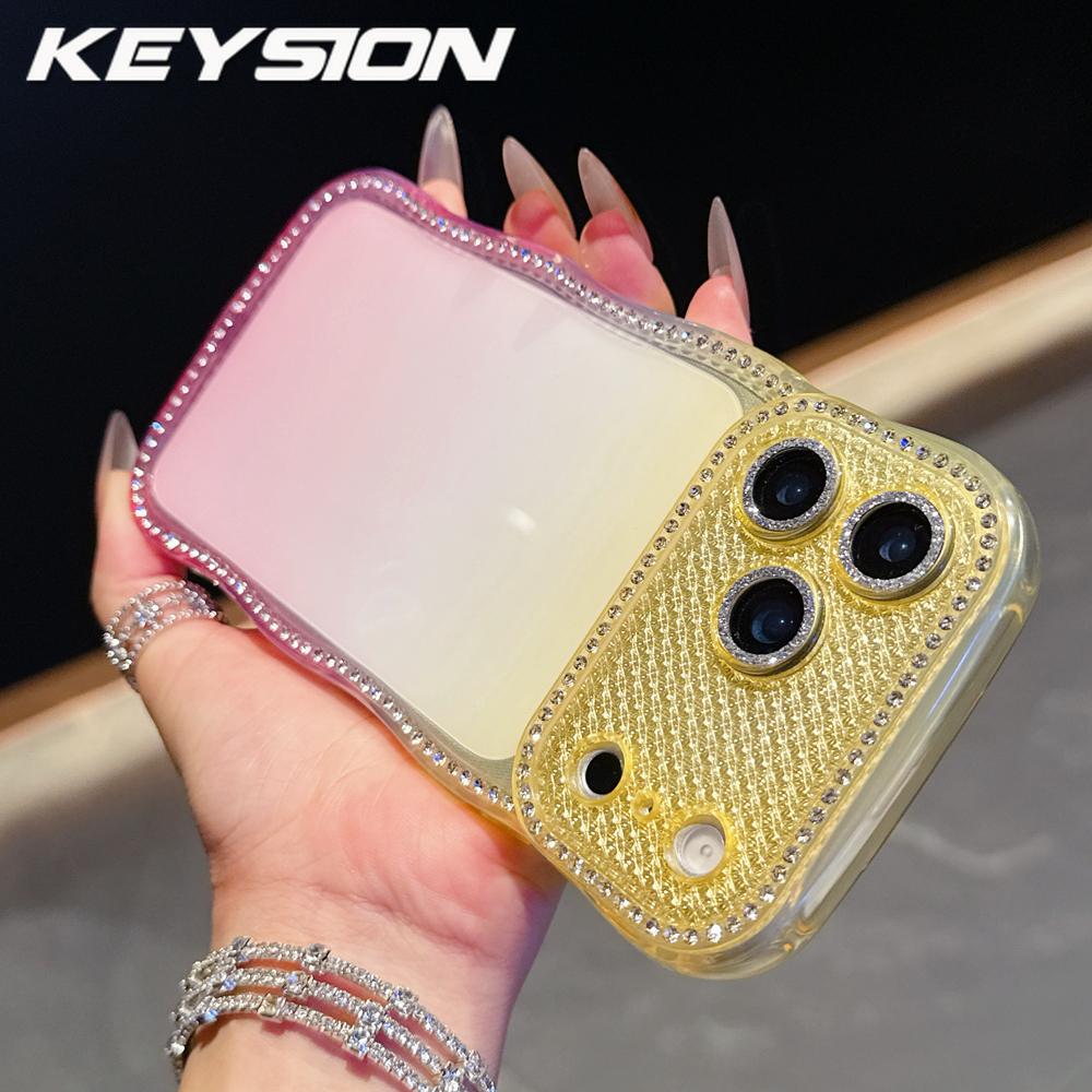 KEYSION Rhinestone Phone Case for iPhone 13 14 15 16 17 Pro Max 17 Air 16 Plus Transparent Wavy Lens Protector Shockproof Back Cover
