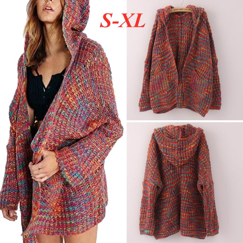 Women Winter Long Sleeve Hooded Knitted Colourful Cardigan Sweater Coat Women Winter Long Sleeve Hooded Knitted Colourful Cardigan Sweater Coat