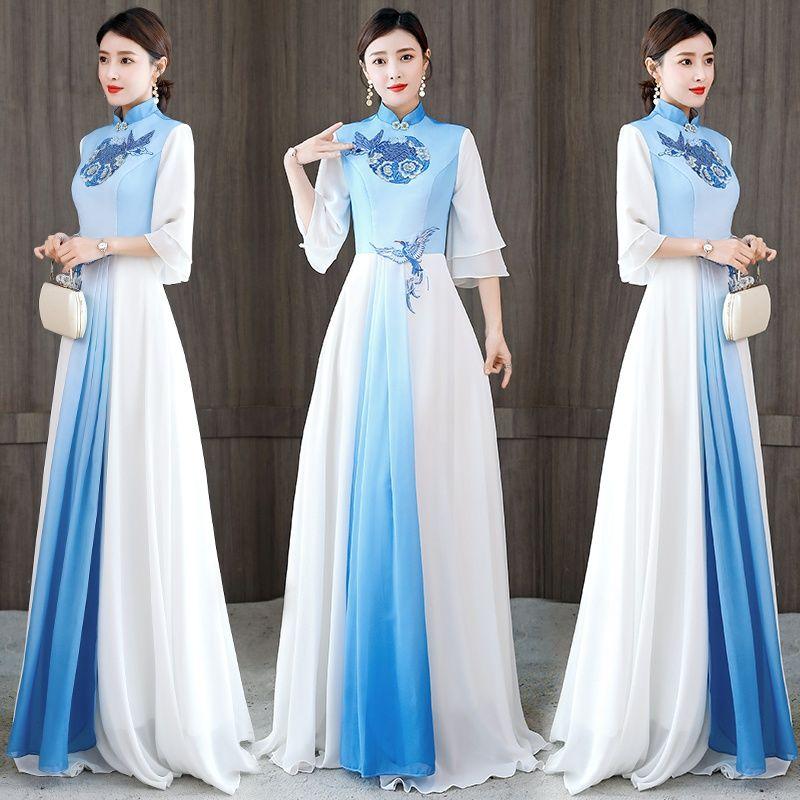 Classical Dance Costumes, Chinese Style Modified Cheongsam Performance Costumes For Women, Stage Chorus Evening Dresses
