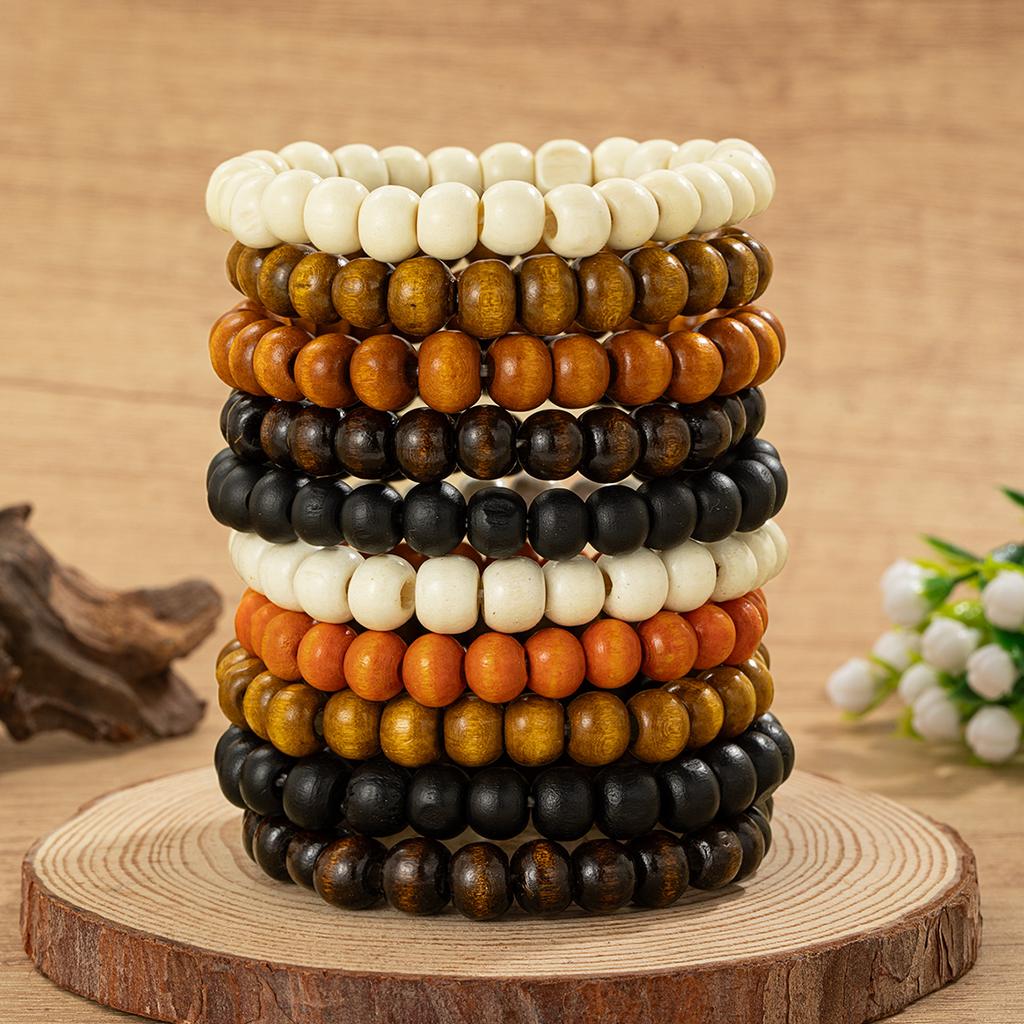 Vintage Mixed Color Wooden Bead Bracelet Set, Multi-Layer Stackable Beaded Bracelets, Boho Minimalist Hand Jewelry