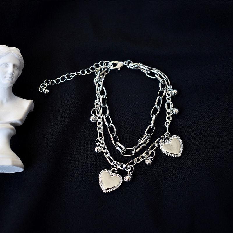 Dark Alloy Double Layer Bracelet with Heart, Little Bear, and Cross Pendants