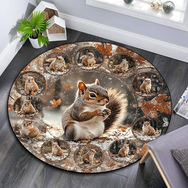 Squirrel Round Area Rug,Carpet Rug for Living Room Bedroom Sofa Playroom Decor,Non-slip Floor Mat