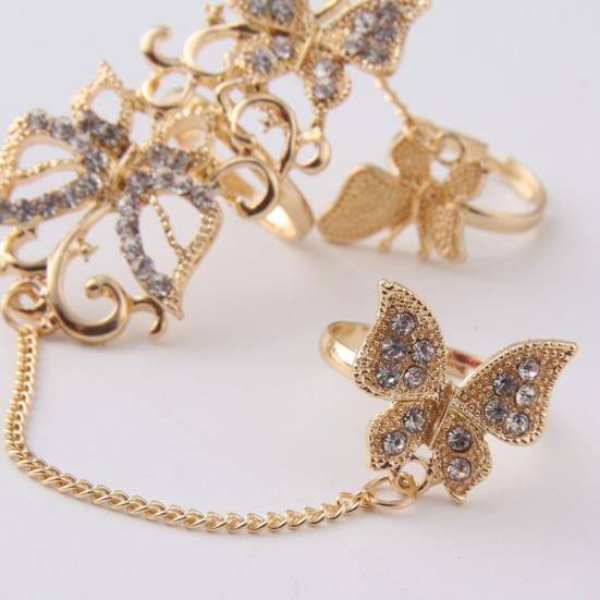 Fashion Rhinestone Hollowed Butterfly Link Finger Ring Adjustable Women Jewelry
