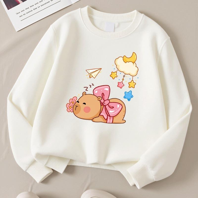 Kids Crewneck Long Sleeve Sweatshirt,Cute Cartoon Bear with Bow, Moon & Cloud Graphic Print
