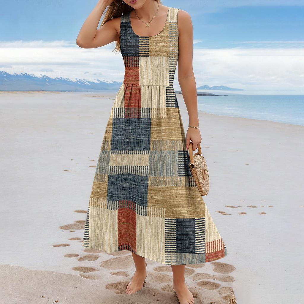 Ladies' Checkered Summer Casual and Fashionable Sleeveless Long Dress