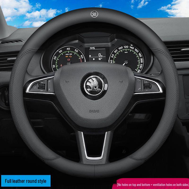 Skoda Leather Steering Wheel Cover for Octavia, Karoq, Kodiaq GT, Superb, Kamiq - Ultra-thin All-Season Universal Fit