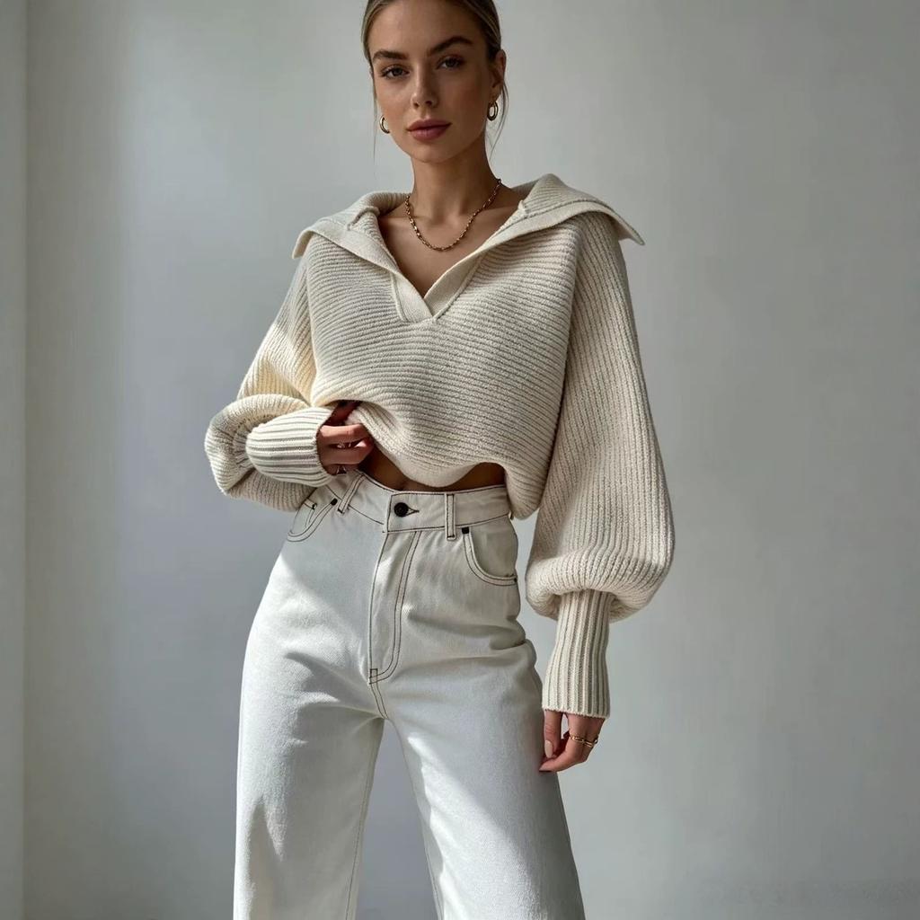 Popular 2026 European and American Foreign Trade Autumn and Winter New Knitted Sweater Knitted Sweater Lapel Pullover Women's Top
