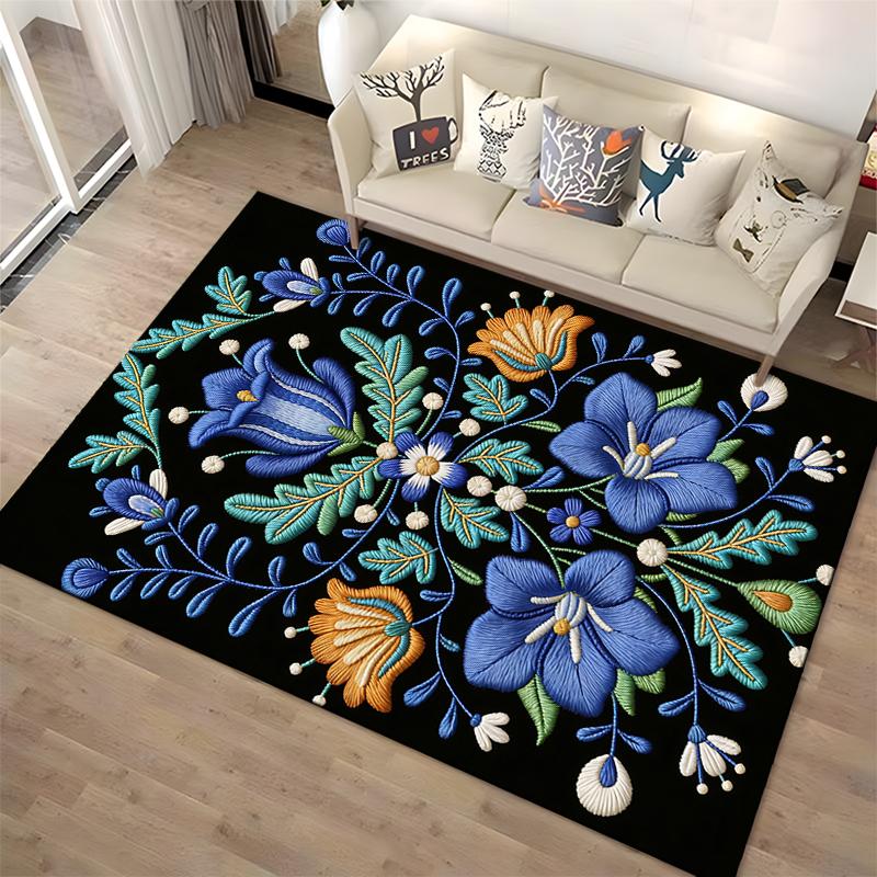 Floral Embroidered Design Carpet with Blue and Orange Flowers Pattern Suitable for use as an anti-slip for living room bedroom sofas