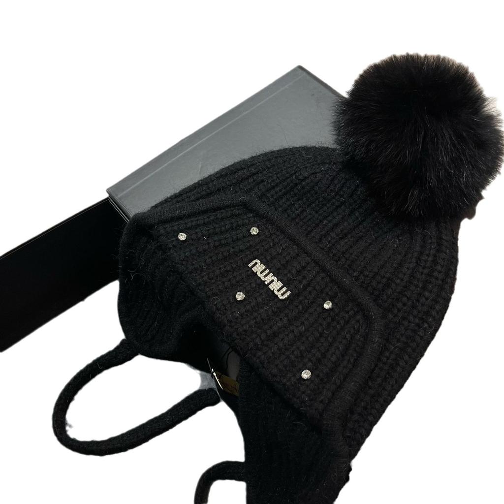 Iceland Big Fox Hairball Rabbit Hair Ear Protection Hat Winter Light Luxury Rhinestone Min Velvet Warm Knitted Hat Women