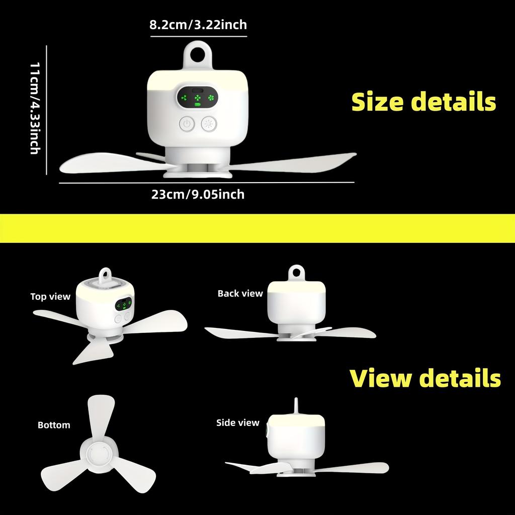 Wireless Portable Ceiling Fan with Light and Remote Control, 3 Speed Adjustment and Screen Battery Display, Capacity, Tents/Dorms/Outdoor/Indoor Use