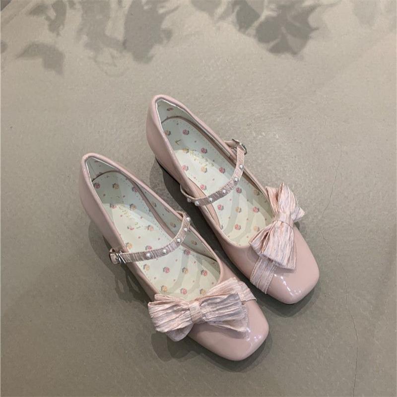 Fairy Wind Cherry Pink Mary Jane Shoes 2025 Summer French Temperament Pearl Bow Square Head Shallow Mouth High Heels