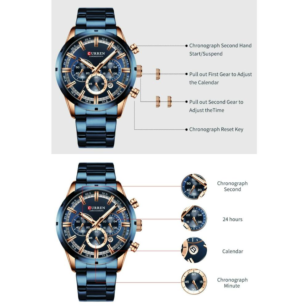 CURREN Sports Watch Unique Design Stainless Steel Automatic Date Chronograph Men's Fashion Casual Quartz Watches
