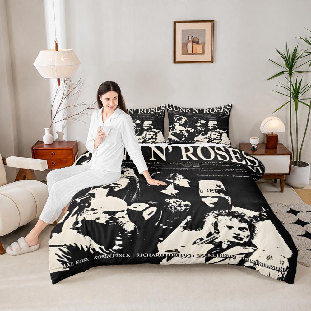 Guns N Roses Black White High Contrast 3-Piece Quilt Cover Set with Pillowcases for Dorm Room Decor