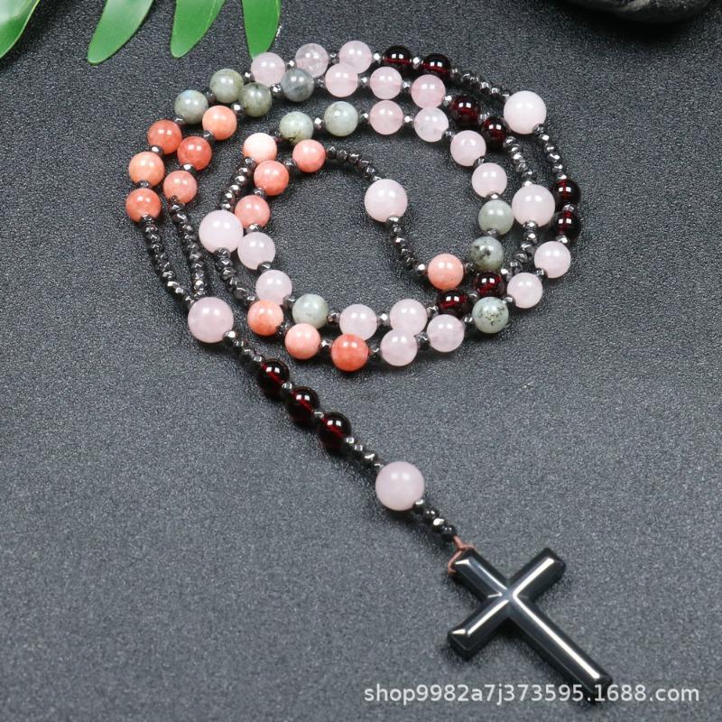 Mixed Gemstone Rosary Necklace – Hematite Cross Pendant, Love Balance Protection Gift for Men & Women