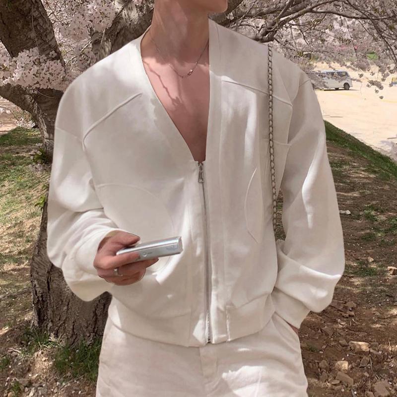 

INCERUN Осенние мужские пальто с глубоким V-образным вырезом на молнии с длинным рукавом, свободные тонкие толстовки XL белый