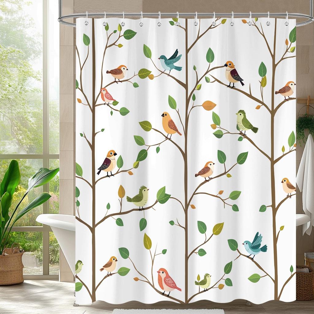 Funny Cute Bird Shower Curtain, Rustic Aesthetic Hummingbird Green Leaves Tree Floral Bathroom Curtain Nature Farmhouse Kids