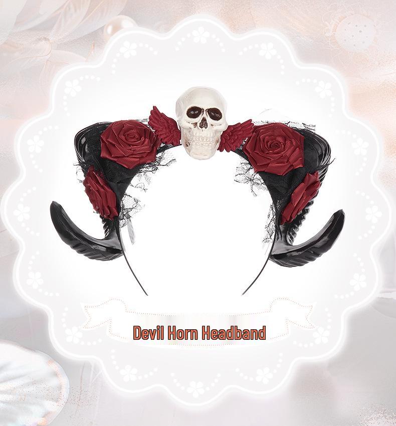 Gothic Ram Horns Headband with Red Rose - Halloween Demon Costume Accessory