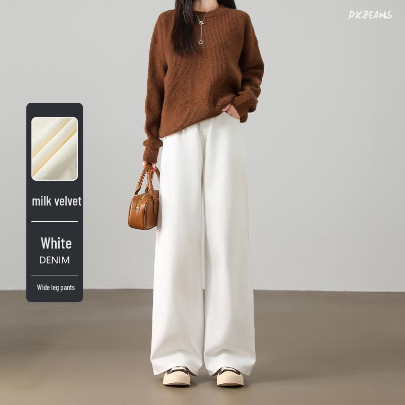 

Korean Style White Fleece-Lined Wide-Leg High-Waisted Jeans for Women Small