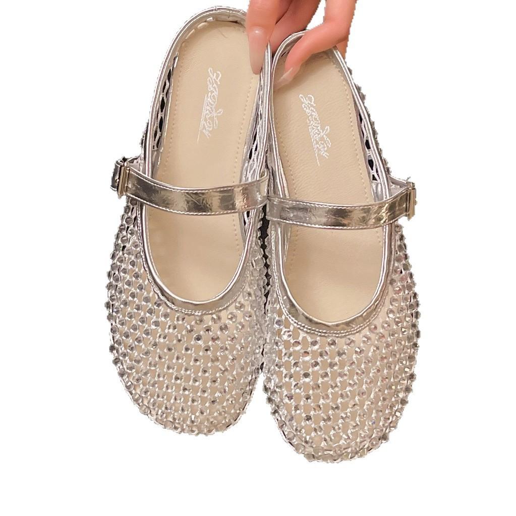 Coole Pantoffeln einzelne Schuhe Sommerkleidung 2025 Mary Jane Tasche Kopfpantoffeln Damen Sommer neu Strass kleiner duftender Wind halbes Tablett